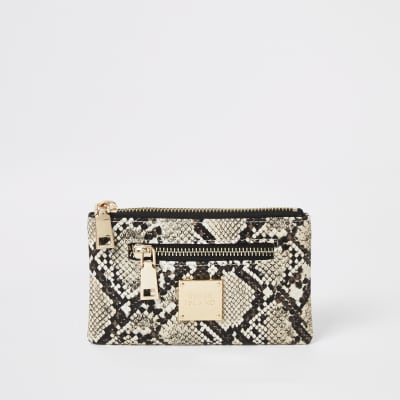 Beige snake printed mini zip pouch