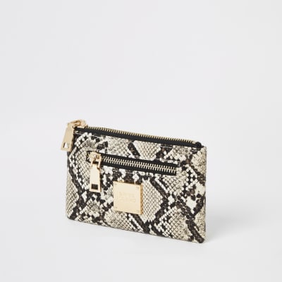 Beige snake printed mini zip pouch