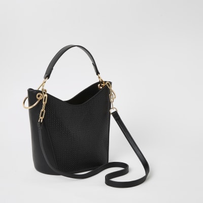Black weave cross body bucket bag