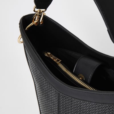 Black weave cross body bucket bag