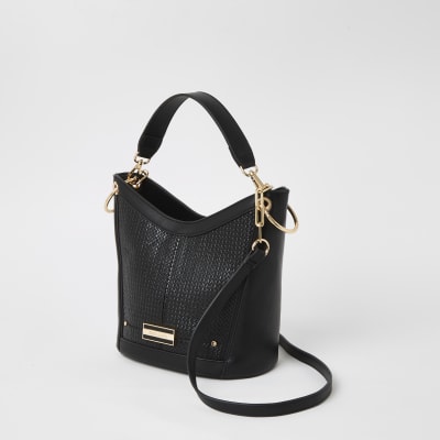 Black weave cross body bucket bag
