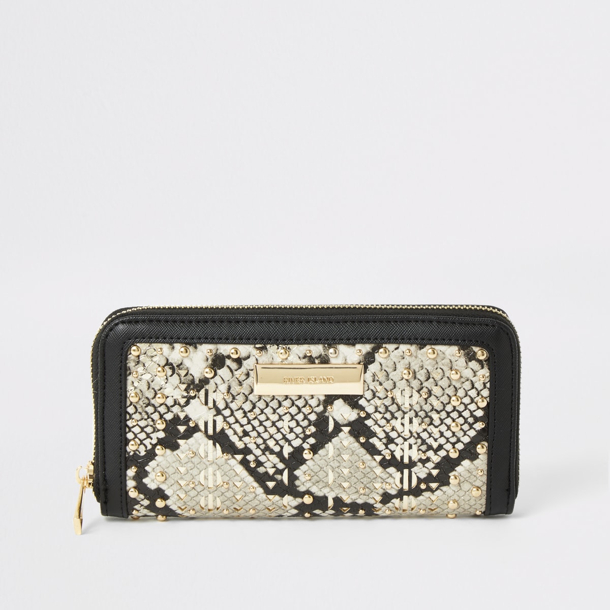 Portefeuille clouté beige imprimé serpent zippé