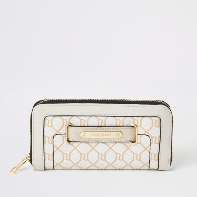 Portefeuille beige zippé avec languette à monogramme RI