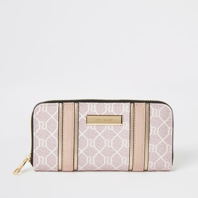 Portefeuille rose zippé à monogramme RI