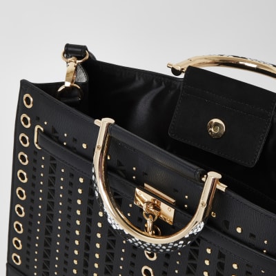 Black studded cut out tote bag