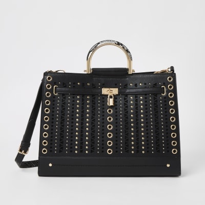 Black studded cut out tote bag