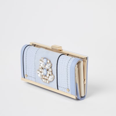 Blue jewel embellished cliptop purse