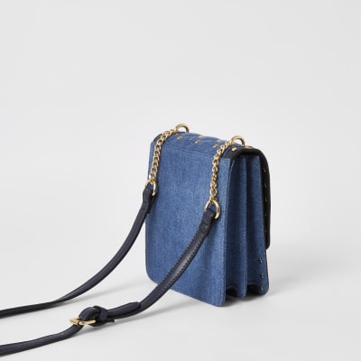 Blue denim studded cross body bag