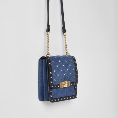 Blue denim studded cross body bag