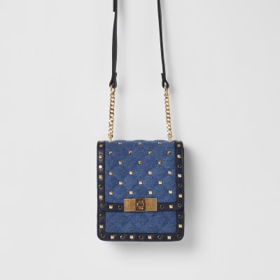 Blue denim studded cross body bag