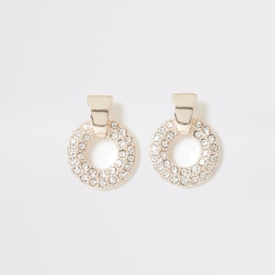 Rose gold colour diamante drop stud earrings