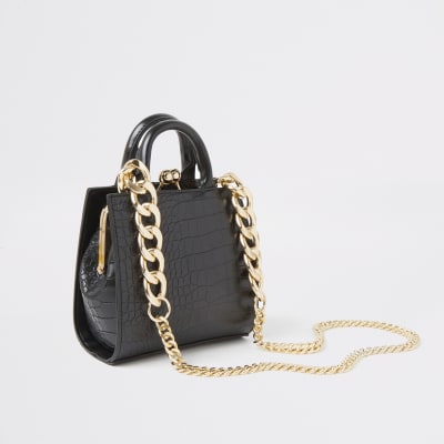 Mini sac noir croco en relief avec fermoir clip