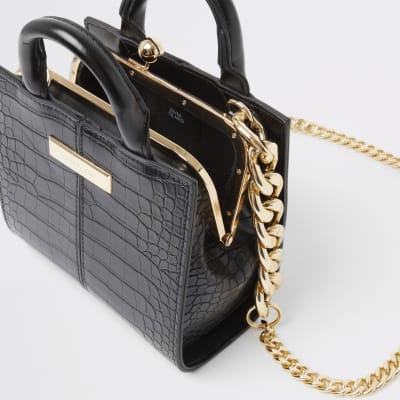 Black croc embossed mini clip top bag