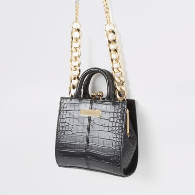 Mini sac noir croco en relief avec fermoir clip