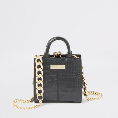 Black croc embossed mini clip top bag