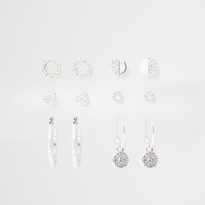 Zilverkleurige oorknopjes met siersteentjes set van 6