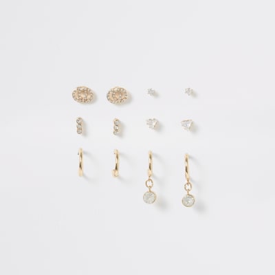 Goldene Ohrstecker mit Strass im 6er-Pack