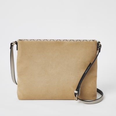 Beige RI zip front cross body messenger bag