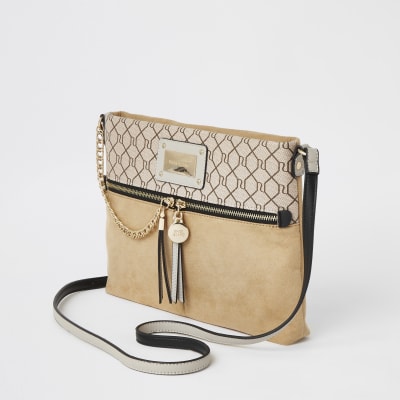 Beige RI-Kuriertasche zum Unhängen mit Reißverschluss vorne