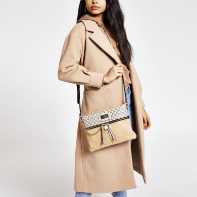 Beige RI zip front cross body messenger bag