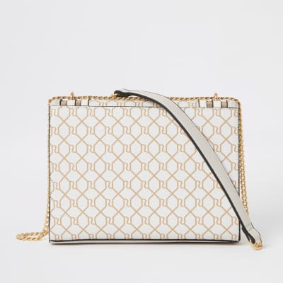 Beige RI monogram quilted cross body bag