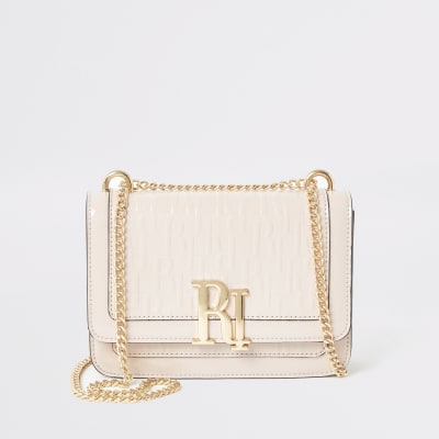 Pink patent RI embossed satchel bag