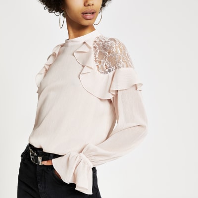 Light pink long sleeve lace frill top