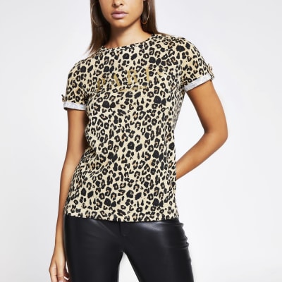 Beige T-shirt met luipaardprint en 'Paris'-tekst