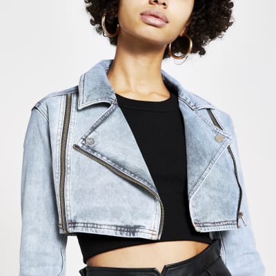 Veste courte en denim bleu clair à zip