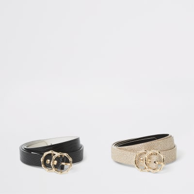 Black textured double ring belt 2 pack