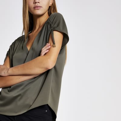 Khaki short ruched sleeve V neck top