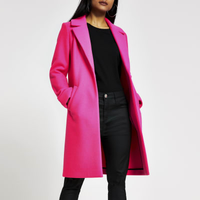 Petite pink single breasted longline coat