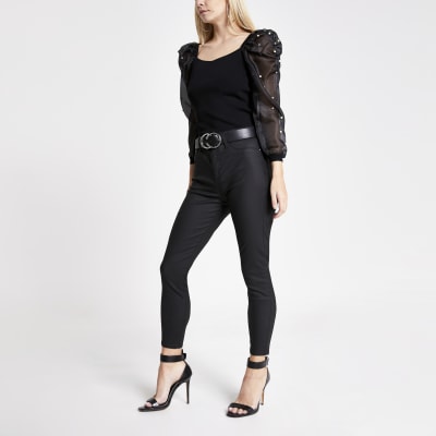 Petite black organza embellished sleeve top
