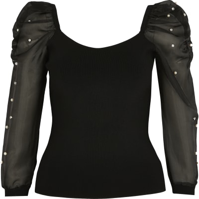 Petite black organza embellished sleeve top