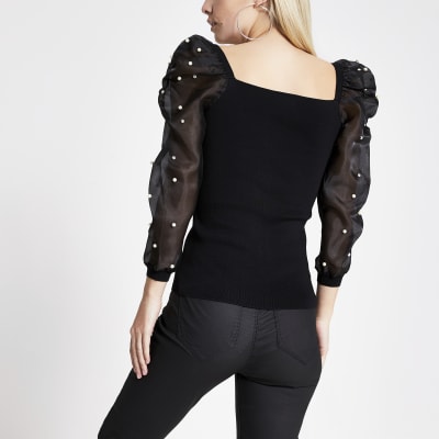 Petite black organza embellished sleeve top