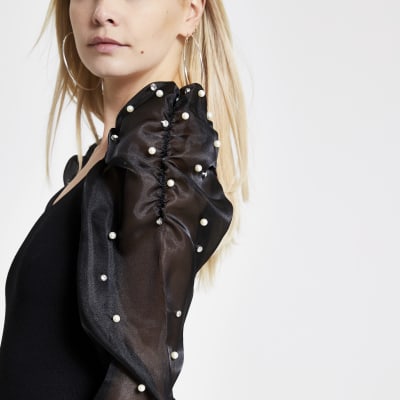 Petite black organza embellished sleeve top