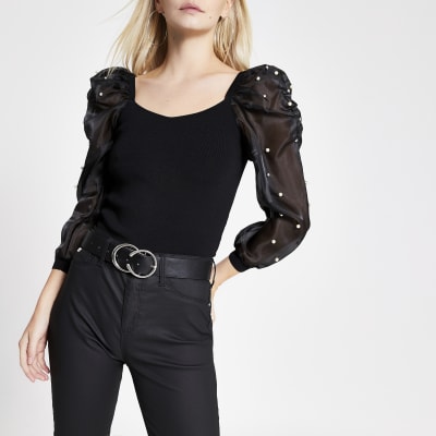 Petite black organza embellished sleeve top
