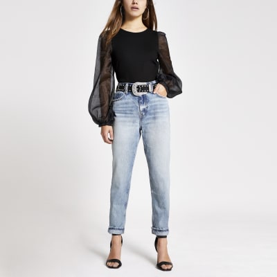 Petite black long organza puff sleeve top