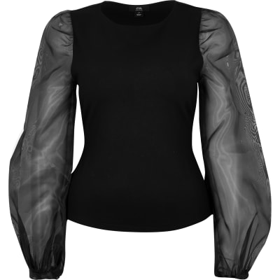 Petite black long organza puff sleeve top