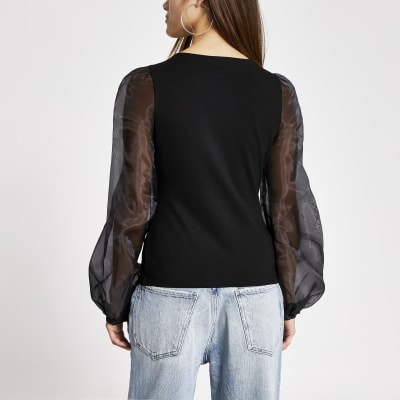Petite black long organza puff sleeve top
