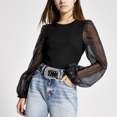 Petite black long organza puff sleeve top