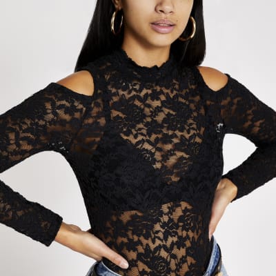 Petite black lace cold shoulder scallop top