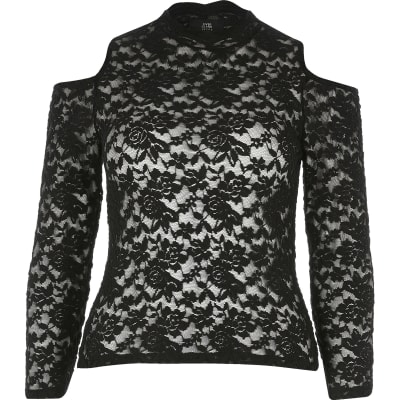 Petite black lace cold shoulder scallop top