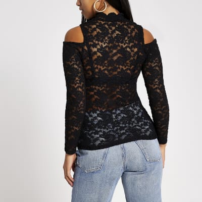 Petite black lace cold shoulder scallop top