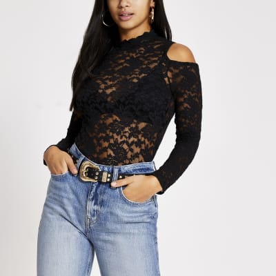 Petite black lace cold shoulder scallop top