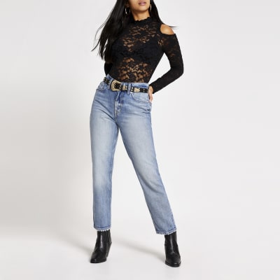 Petite black lace cold shoulder scallop top