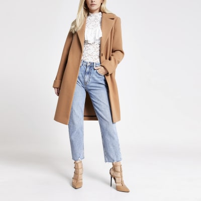 Petite cream lace high neck frill top