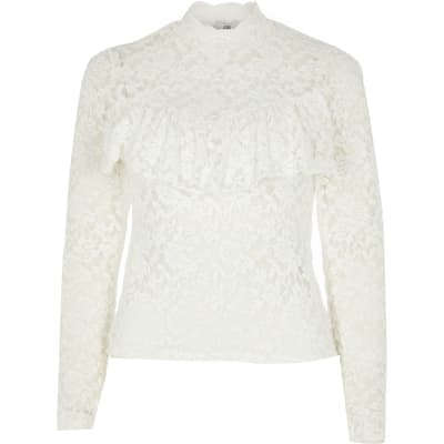 Petite cream lace high neck frill top