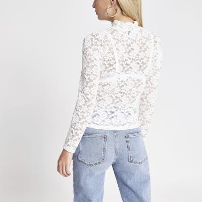 Petite cream lace high neck frill top