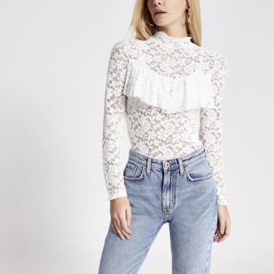 Petite cream lace high neck frill top